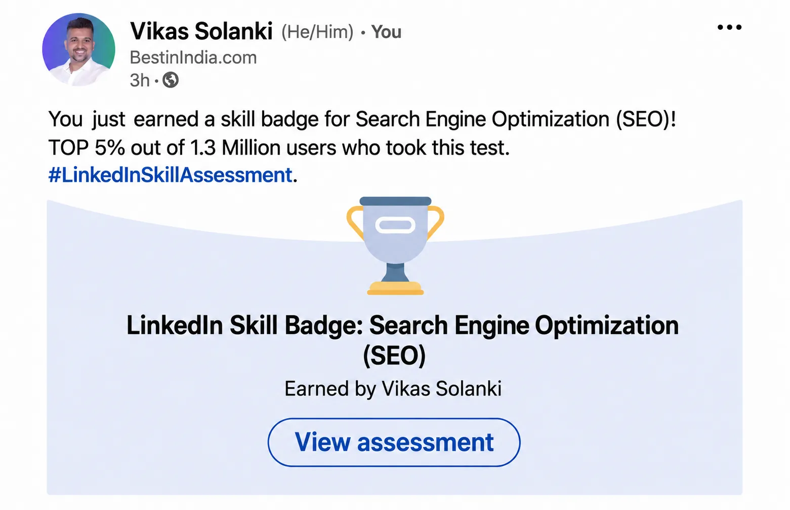 LinkedIn post showing Vikas Solanki earned the Search Engine Optimization (SEO) skill badge, ranking in the top 5% of 1.3 million users who took the assessment