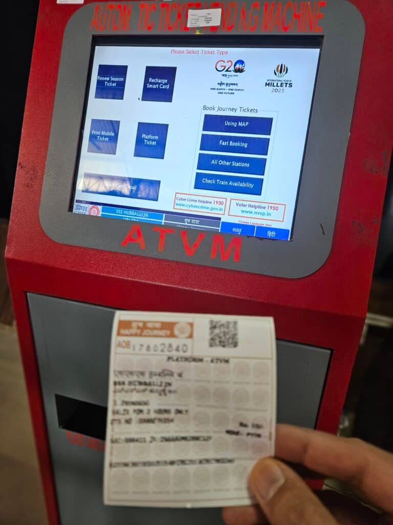Automatic Ticket Vending Machine (ATVM) installed by Indian Railways at Hubli railway station.