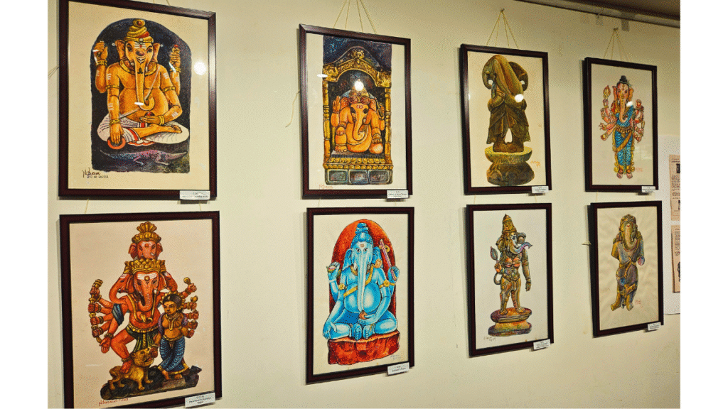 A collection of N.C. Desai’s paintings depicting different forms of Lord Ganesha from his Vishvavyapi Ganapati series, displayed at the Hubballi Art Exhibition.