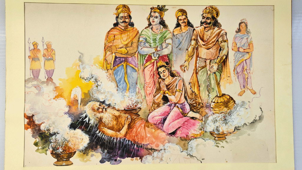 Painting by N.C. Desai depicting Bhishma Pitamah lying on a bed of arrows, surrounded by the Pandavas and Lord Krishna, at the Hubballi Art Exhibition.